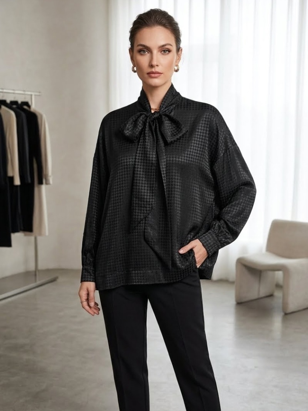BALENCIAGA DEMNA 2020 COLLECTION BLACK HOUNDSTOOTH TIE NECK BOW OVERSIZED BLOUSE